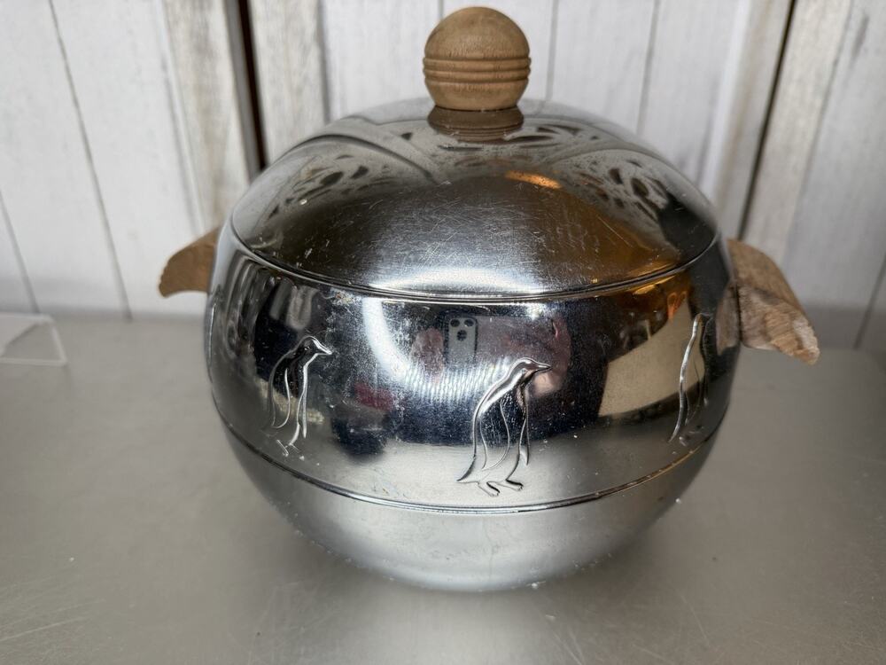 Vintage West Bend Silver Penguin Ice Bucket Hot & Cold Server Wood Handles MCM